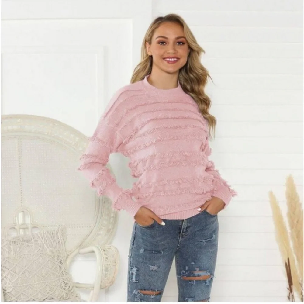 Knitted belle crew neck fringe sweater pink size small - Picture 8 of 8